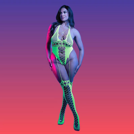 Neon Green UV Reactive Bodystocking: Halter Teddy Rave Outfit