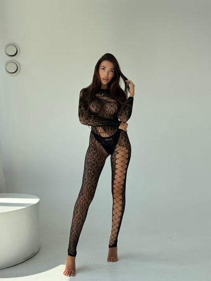 Lace Leopard Bodystocking, Black Cutout Catsuit, S-XXXL