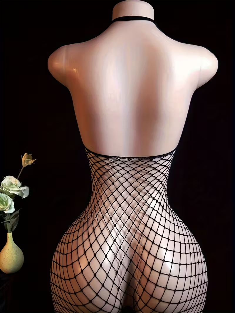 Sexy Black Fishnet Cut-Out Bodysuit
