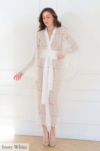 Sheer Robe Lace Robe Long Silk Robes for Women Satin Kimono