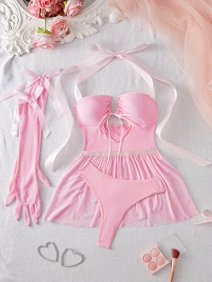 Elegant Pink Lace Off-Shoulder Lingerie Set with Garter & Gloves