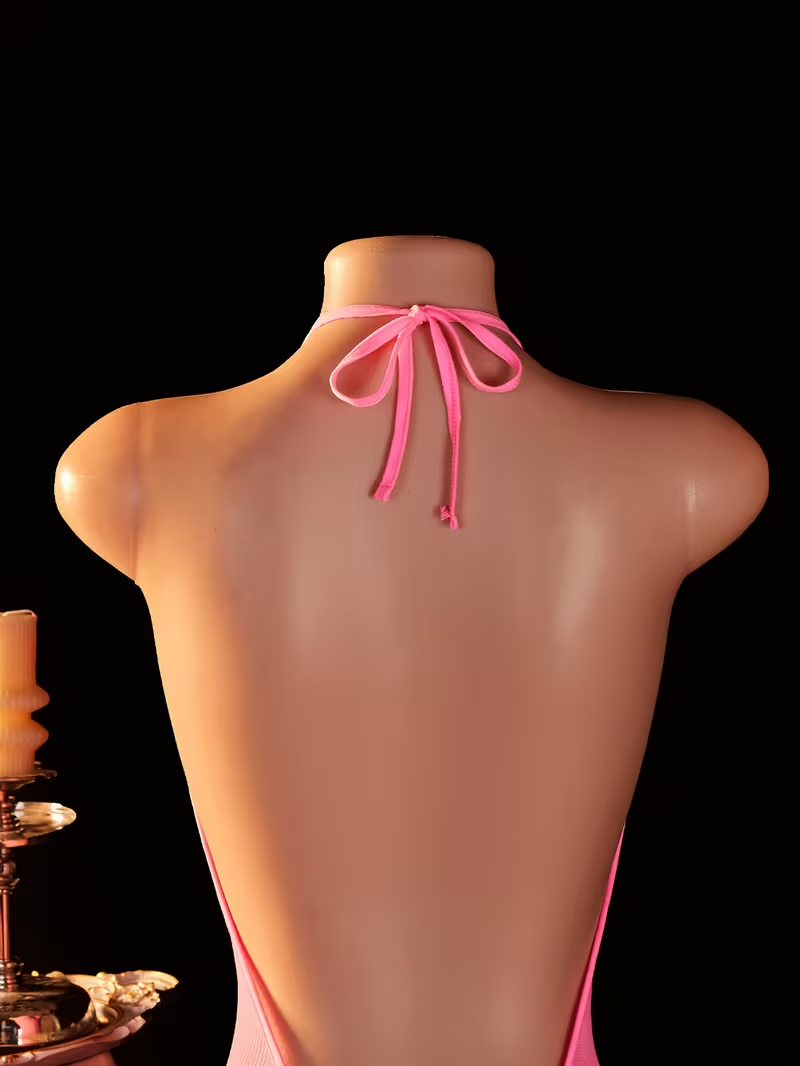 Pink Semi-Sheer Deep V Fishnet Bodysuit